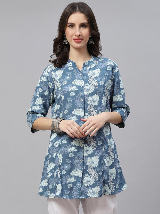 Divena Blue Floral Rayon A-lineTop