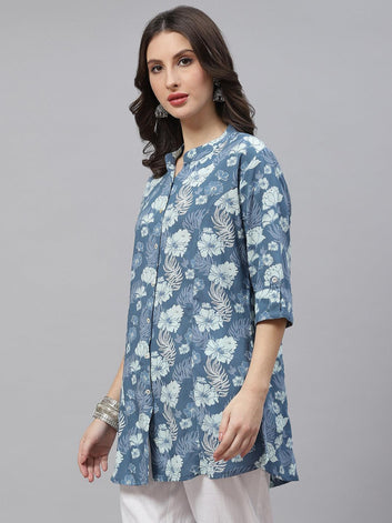 Divena Blue Floral Rayon A-lineTop