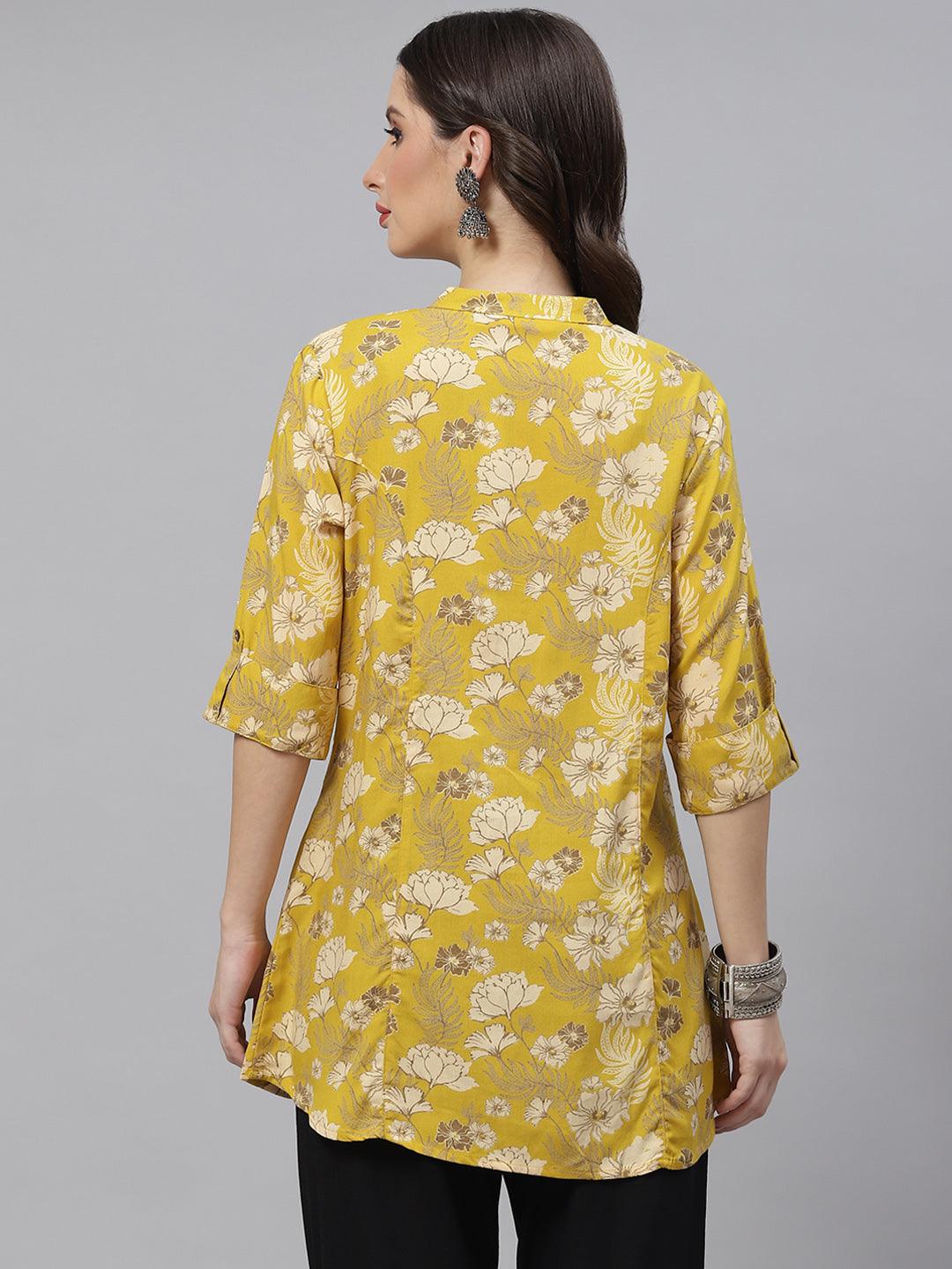 Divena Mustard Floral Rayon A-lineTop - divena world