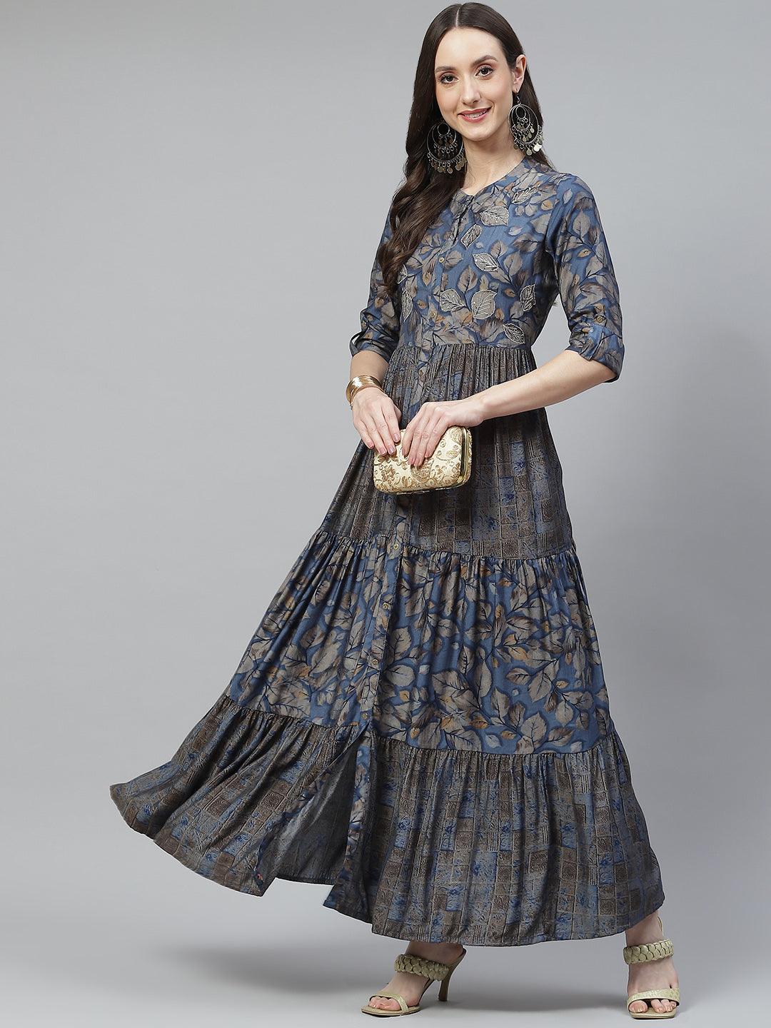 Divena Blue Muslin Tiered with Gathered Kurta with Front Slits - divena world