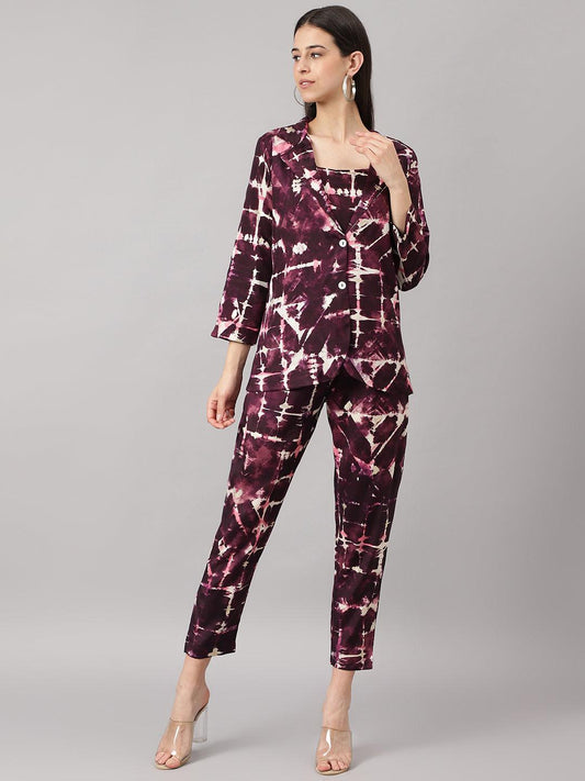 Divena Wine Muslin Three Piece Top Pant Set with Blazer Jecket - divena world