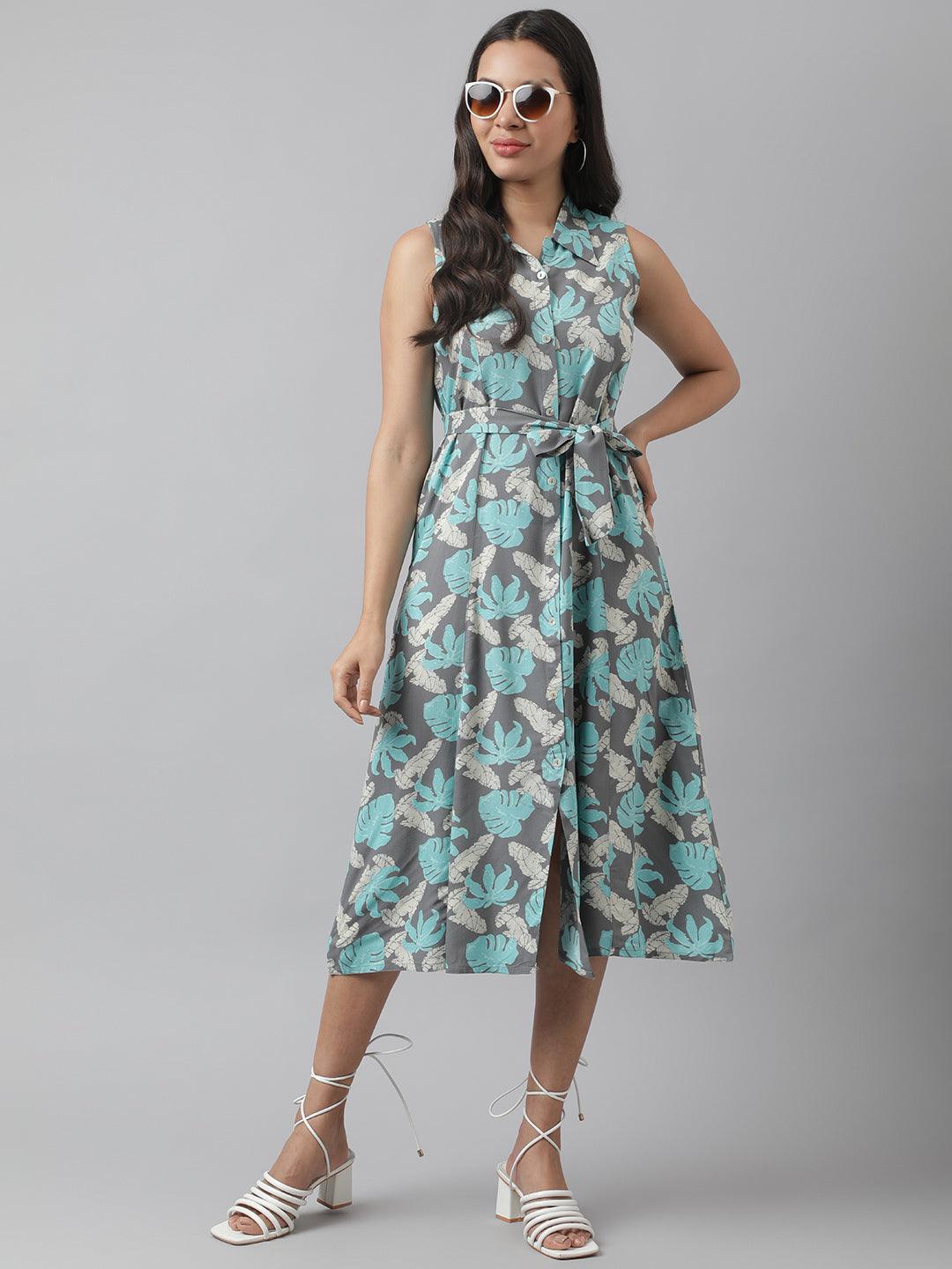 Divena Rayon Grey A-Line Floral Printed Midi Dress - divena world