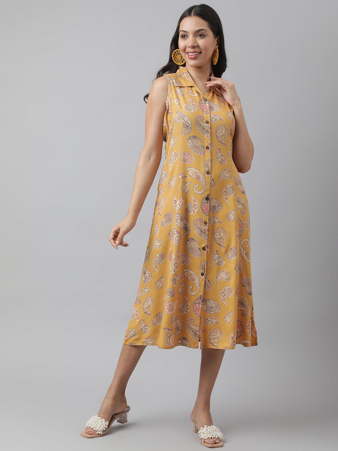 Divena Rayon Mustard A-Line Floral Printed Midi Dress - divena world