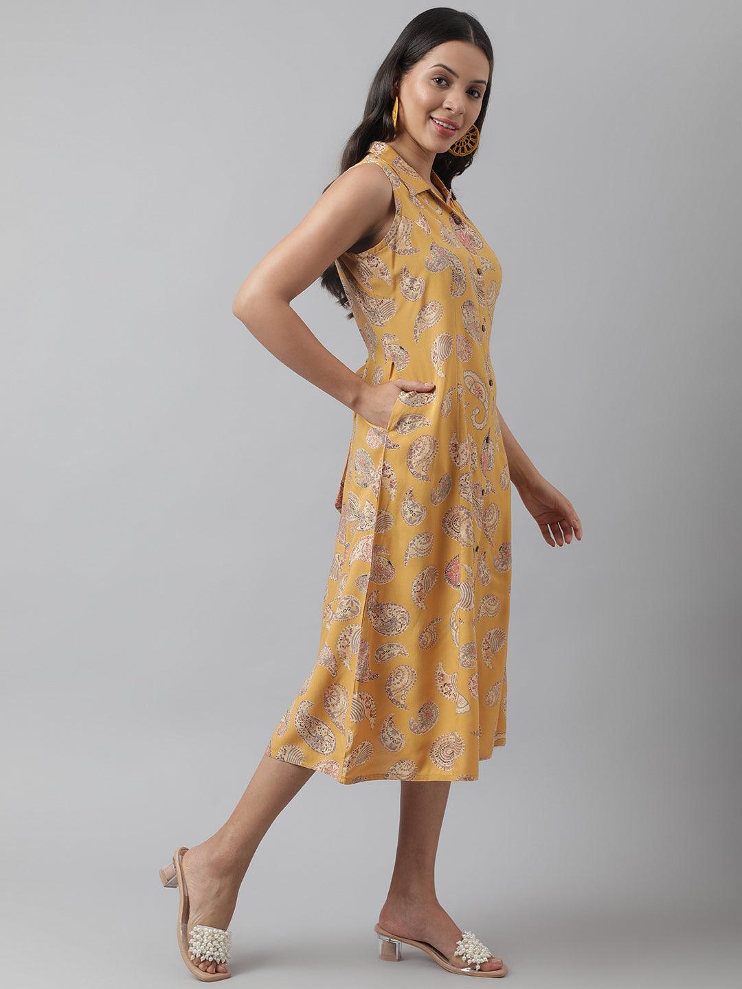 Divena Rayon Mustard A-Line Floral Printed Midi Dress - divena world