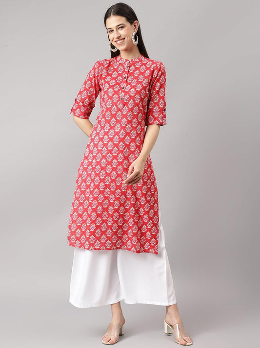 Divena Red Cotton Katha work Straight Kurta