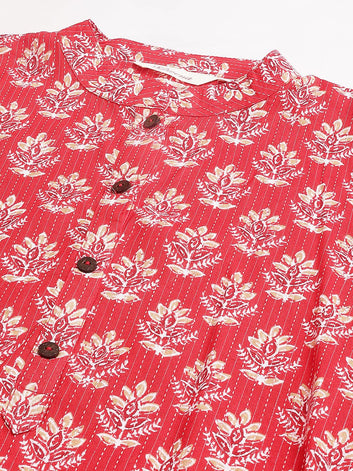 Divena Red Cotton Katha work Straight Kurta