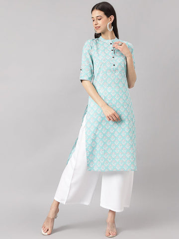 Divena Sea Green Cotton Katha work Straight Kurta - divena world