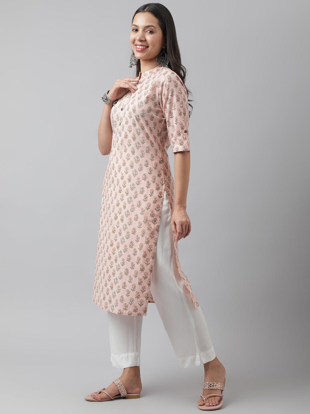 Divena Soft Pink Floral Printed Straight Kurta - divena world