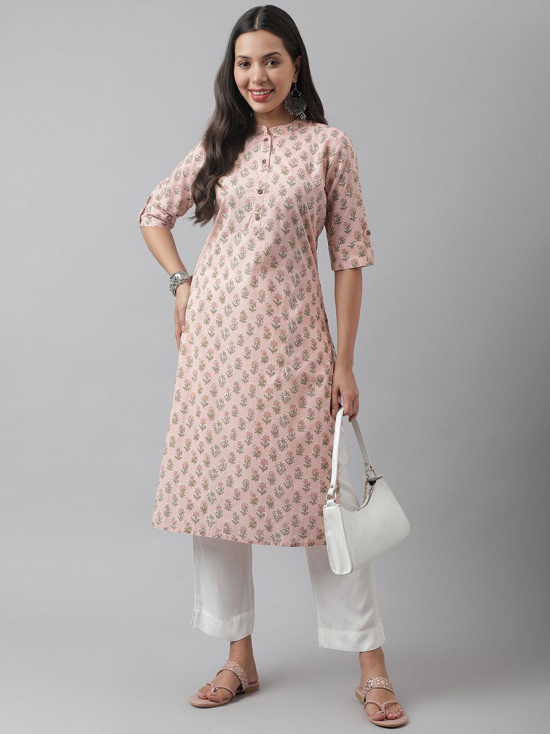 Divena Soft Pink Floral Printed Straight Kurta - divena world