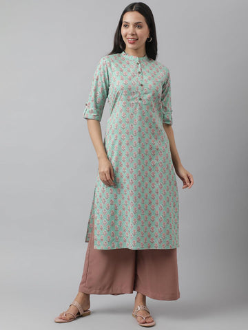 Divena Green Floral Printed Straight Kurta - divena world