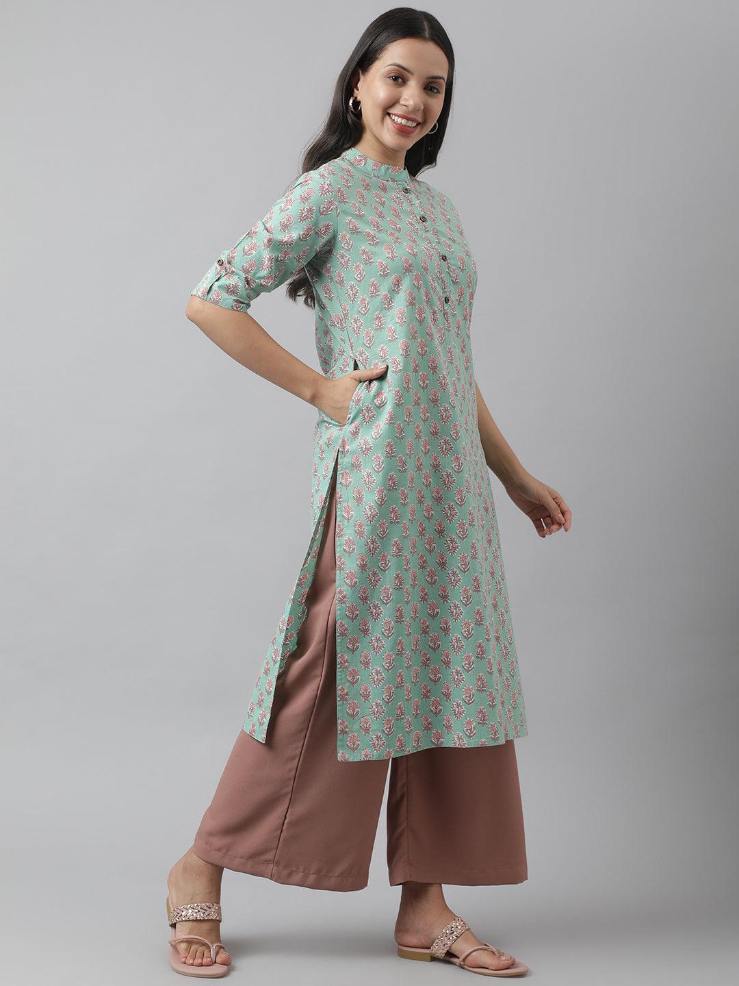 Divena Green Floral Printed Straight Kurta - divena world