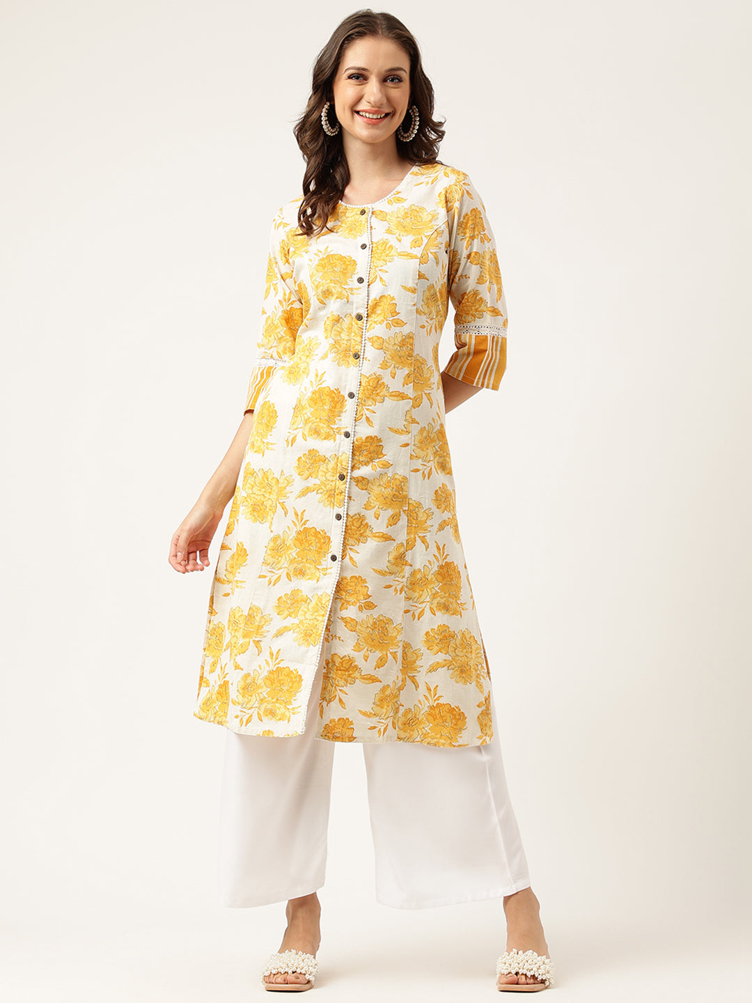 Divena Mustard Floral Printed A-Line Cotton Kurta