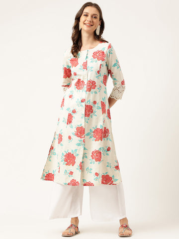 Divena Cream Floral Printed Cotton A-Line  Kurta