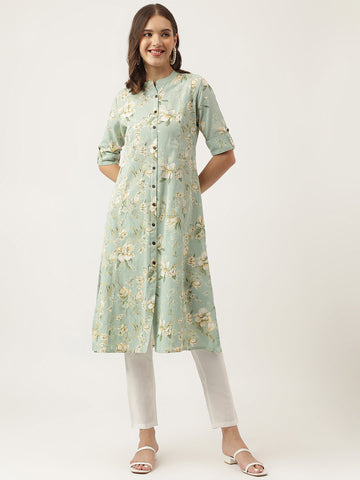 Divena Green Cotton Ethnic Motifs Floral Print Kurta