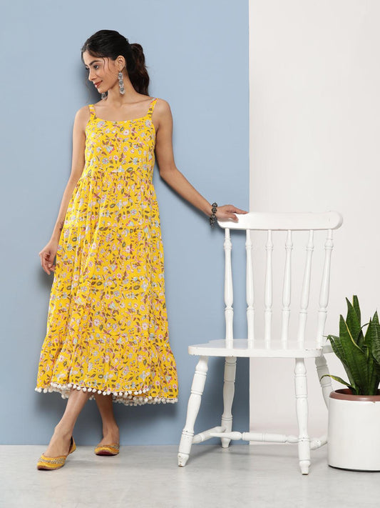 Divena Yellow Floral Shoulder Strip Long Dress
