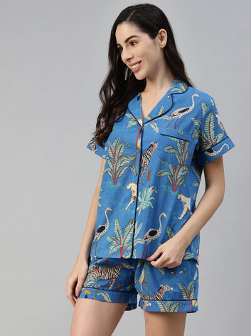 Divena Teal blue Cotton Quirky Print Night suit