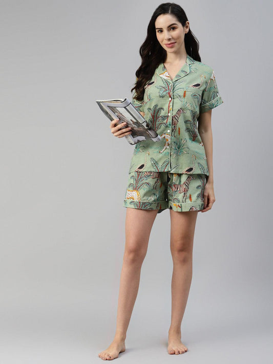 Divena Sea Green Cotton Animal Print Night Suit - divena world