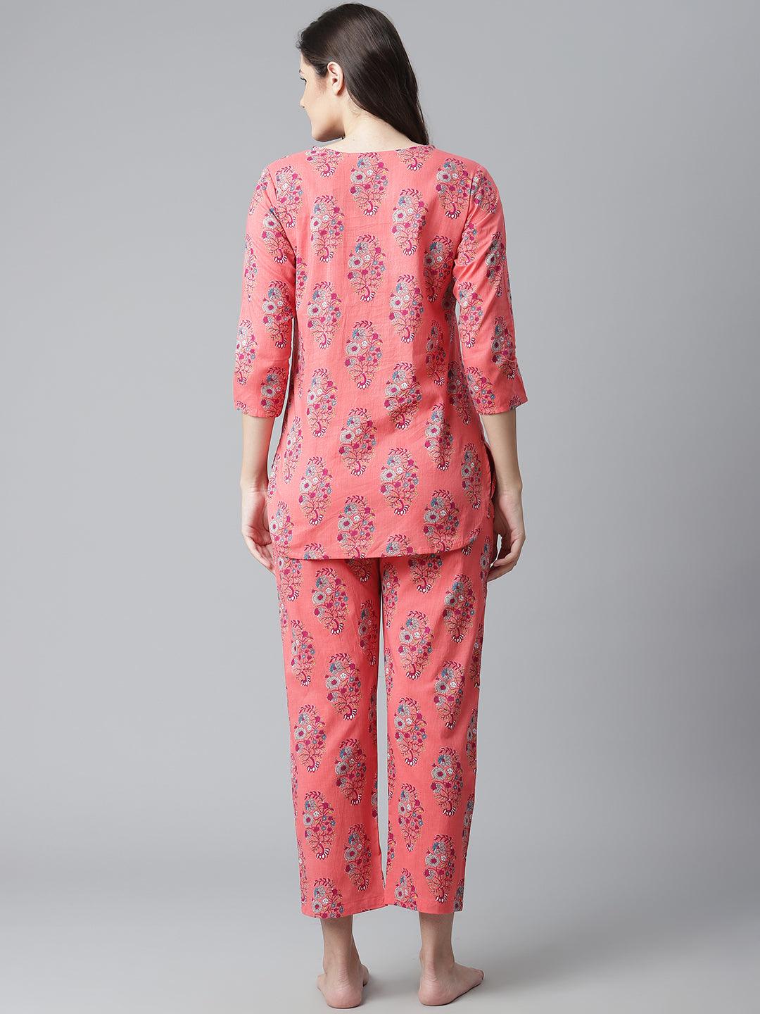 Divena Peach Cotton Printed Nightsuit - divena world