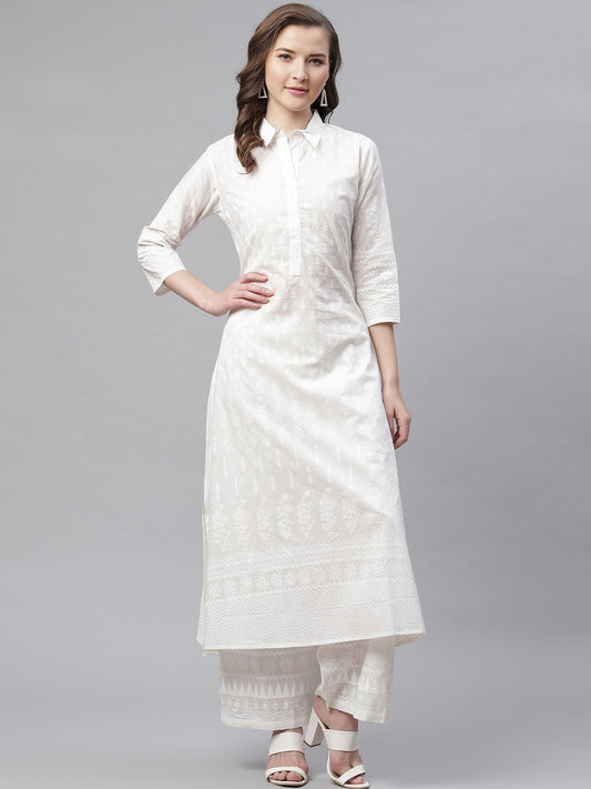 Divena White Khari Print Cotton Kurti With Palazzo Set