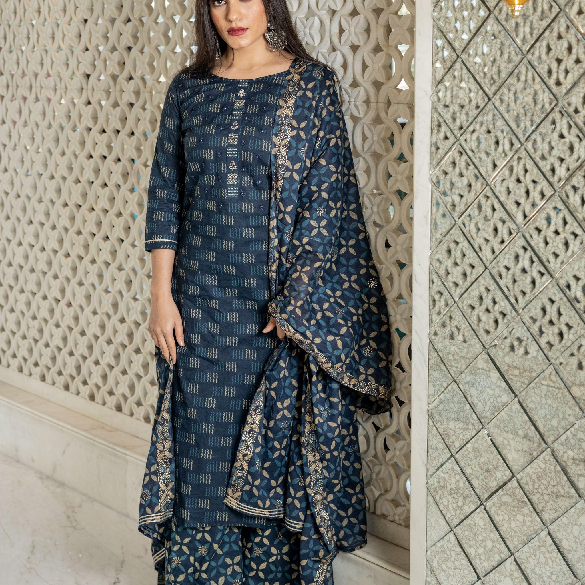 Divena Indigo Kurta Set With Palazzo and Dupatta - divenaworld.com