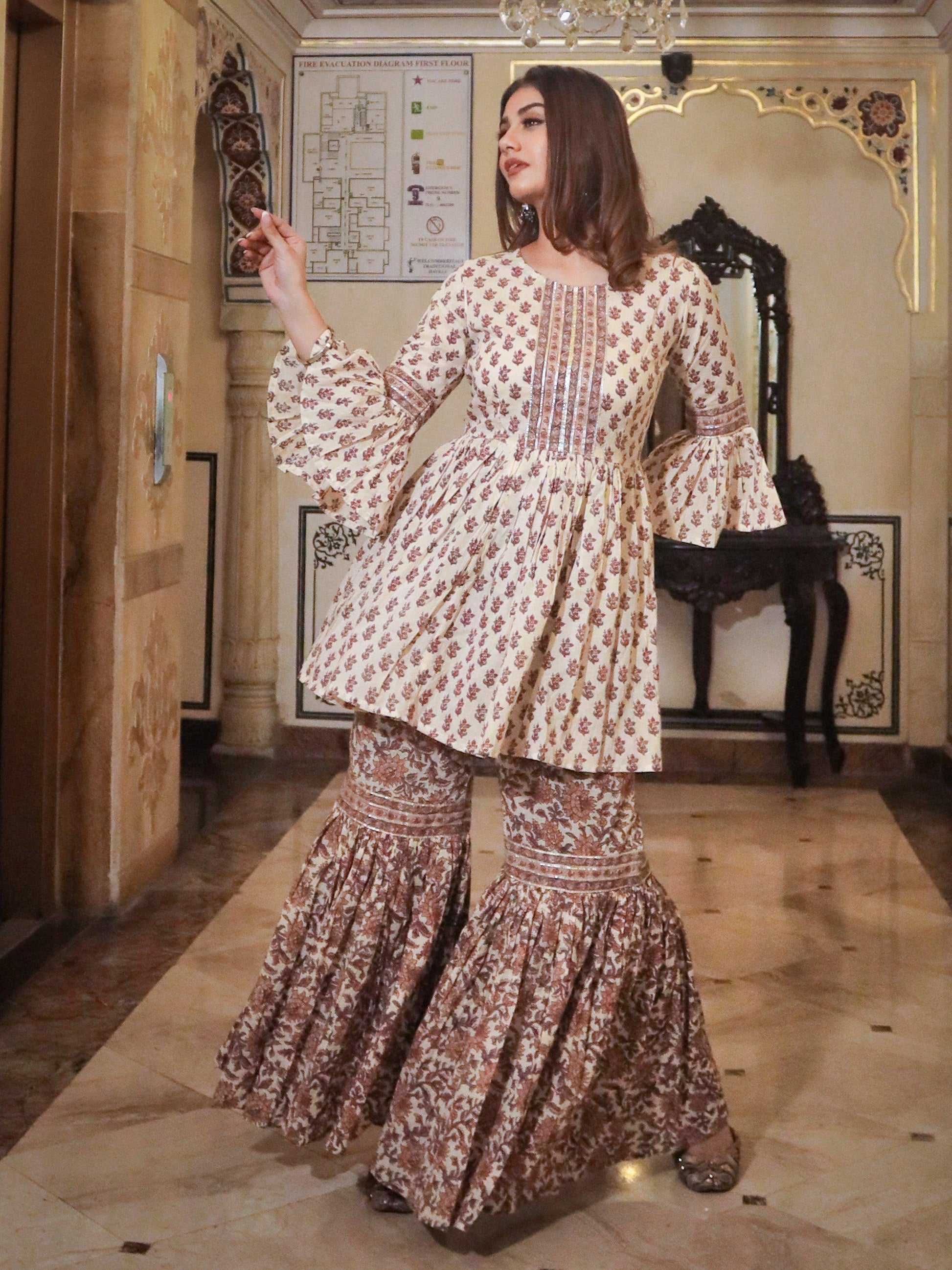 Divena Cream Printed Sharara Set - divenaworld.com