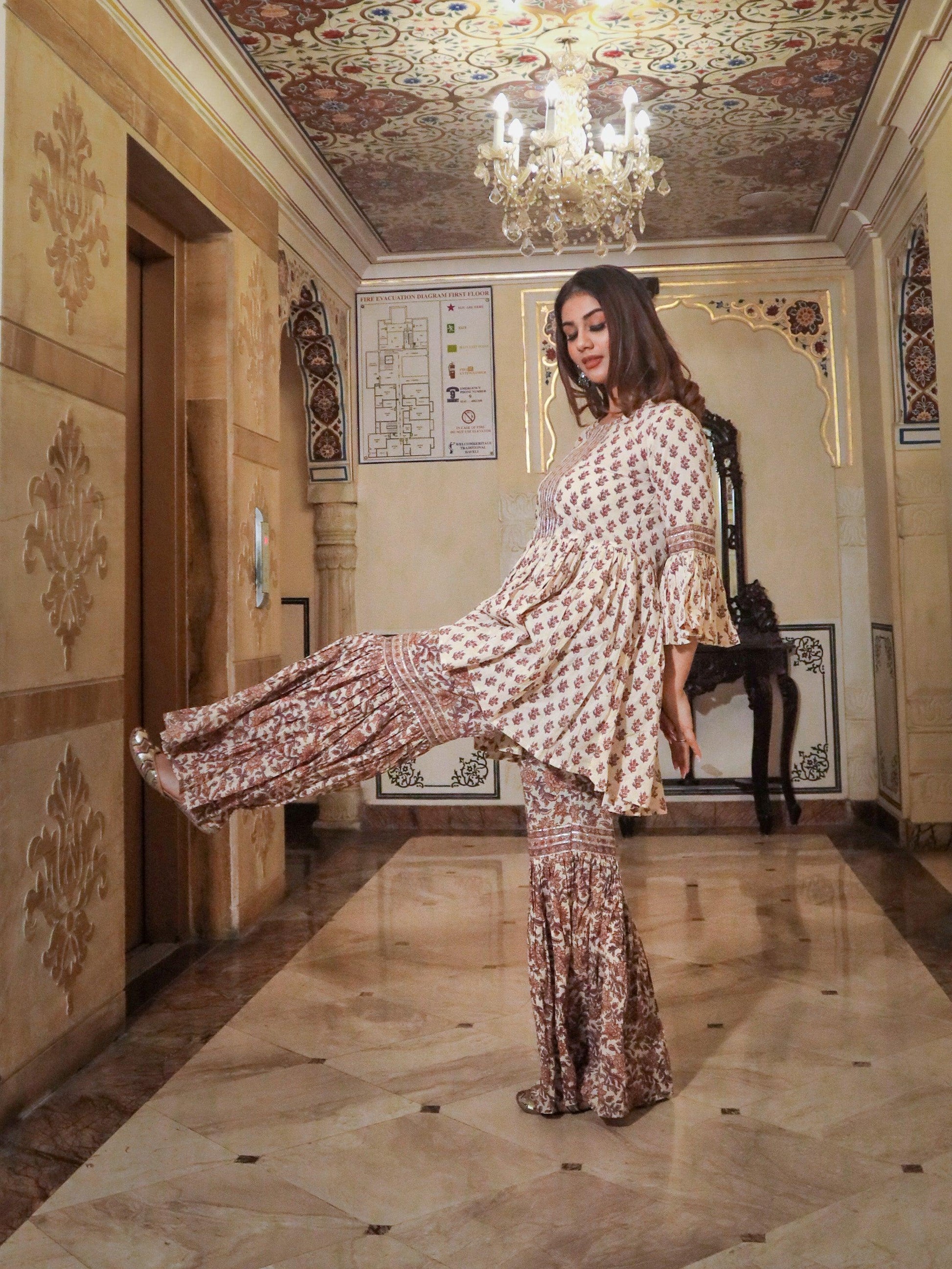 Divena Cream Printed Sharara Set - divenaworld.com