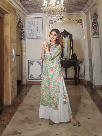 Divena Green Printed Cotton Kurta with Palazo Set