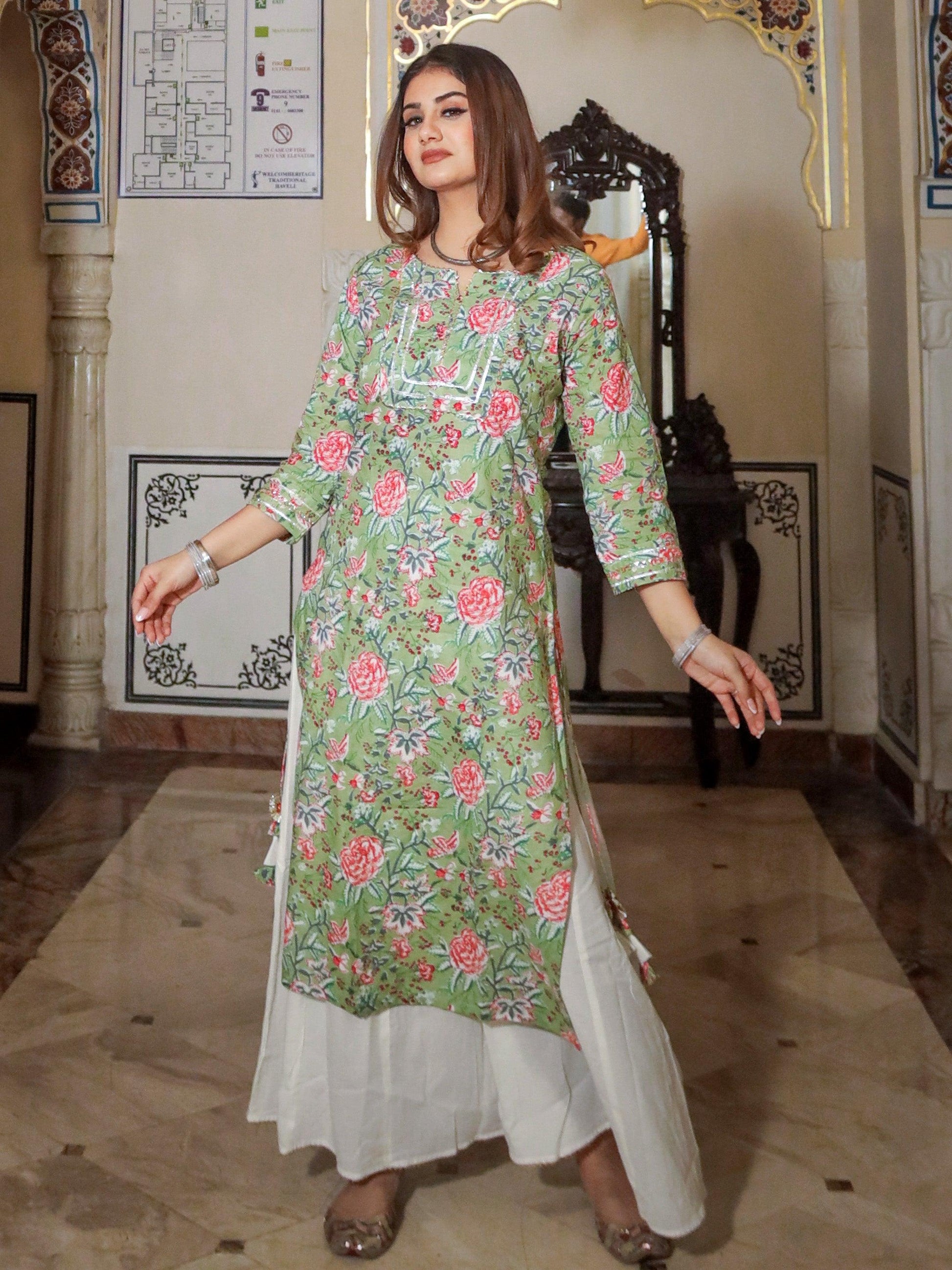 Divena Green Printed Cotton Kurta with Palazo Set - divenaworld.com