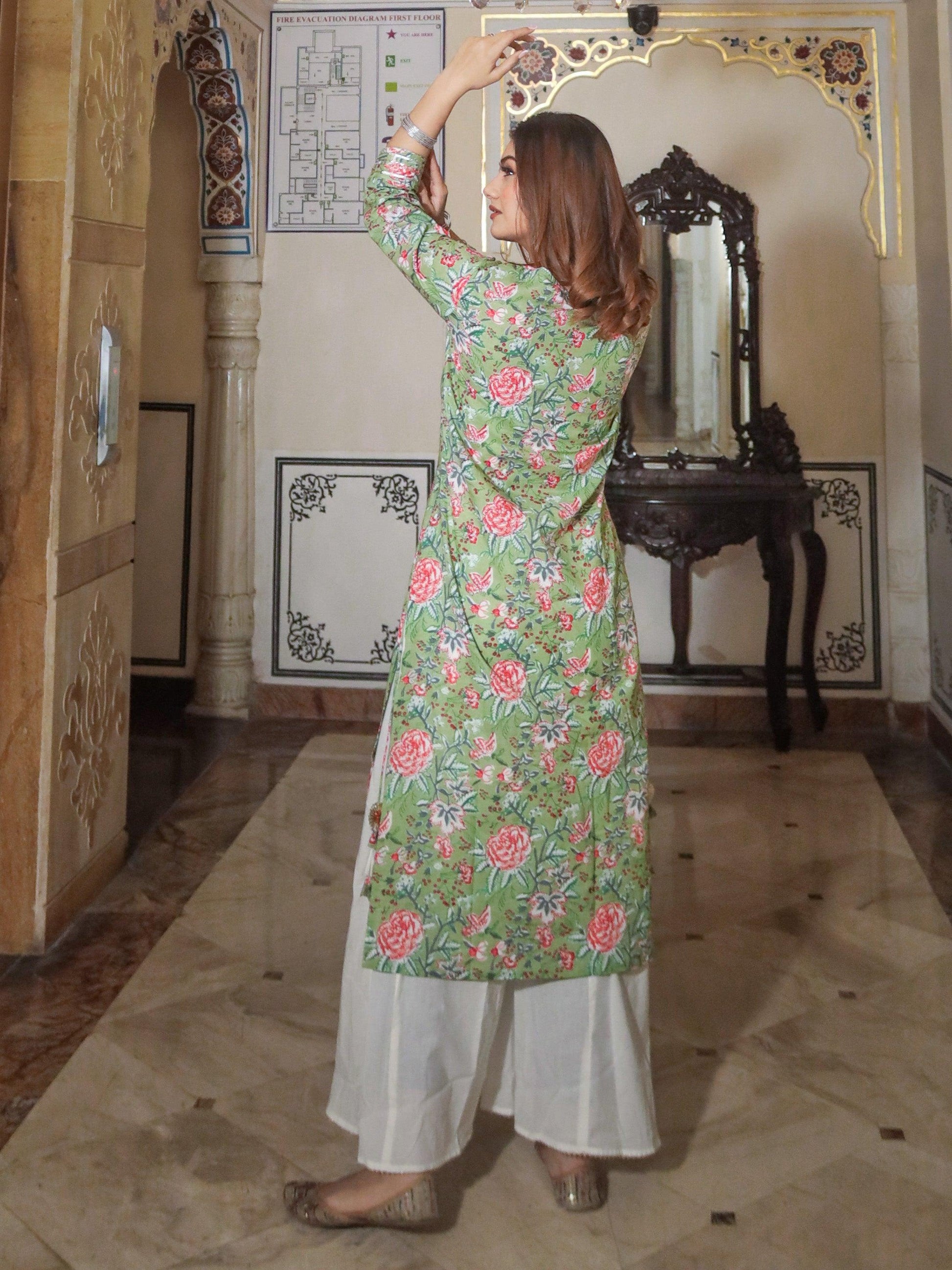 Divena Green Printed Cotton Kurta with Palazo Set - divenaworld.com