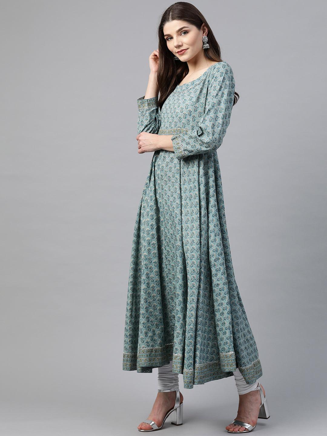 Divena Indigo Blue Printed High Low Kurta - divena world