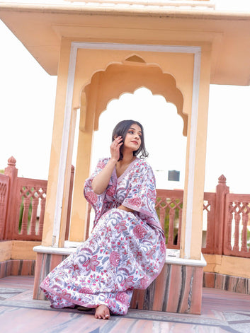 Divena White And Pink Floral Print Kaftan