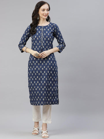 Divena Blue Booti Print Cotton Straight Kurti - divena world