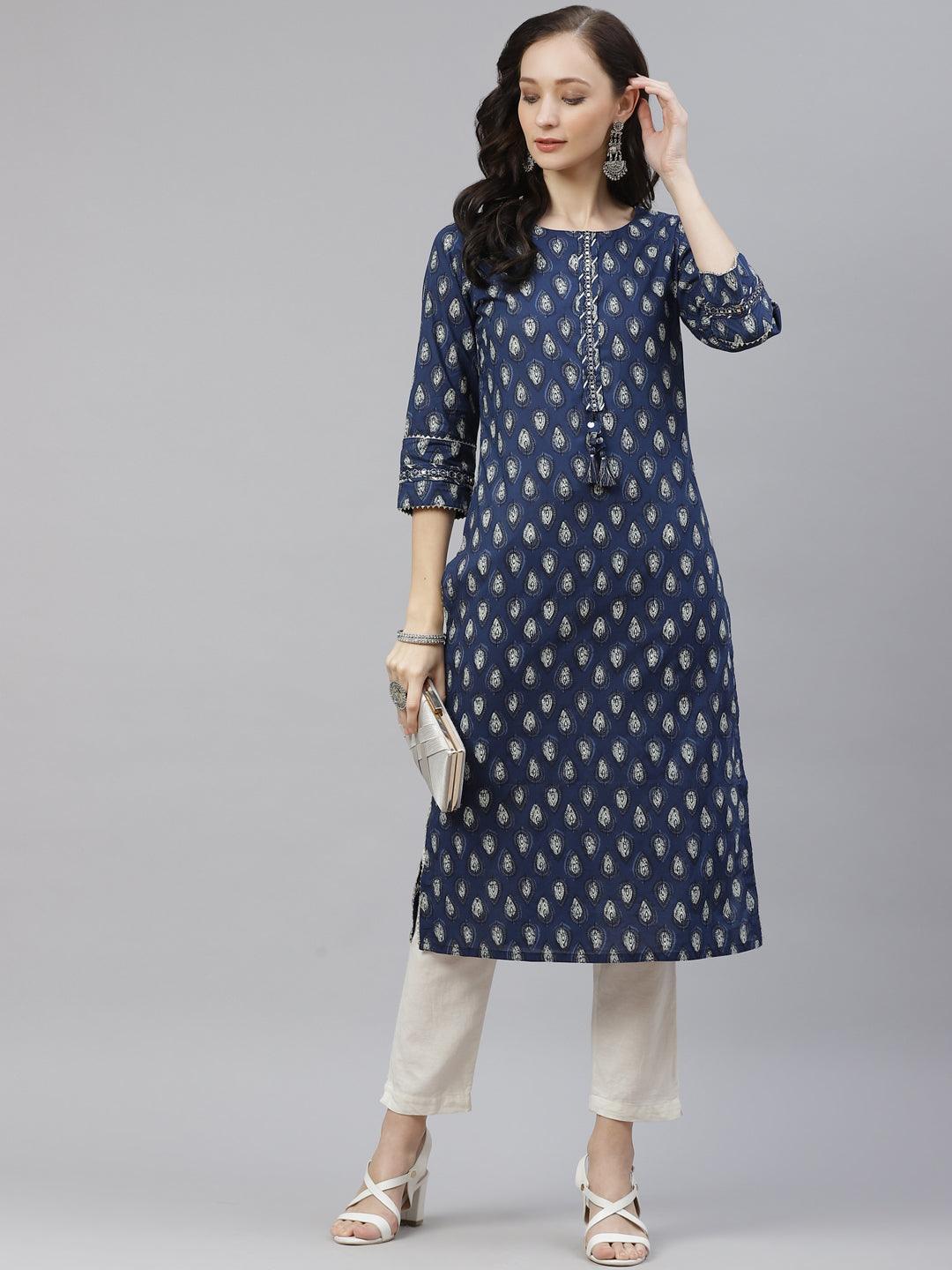 Divena Blue Booti Print Cotton Straight Kurti - divena world