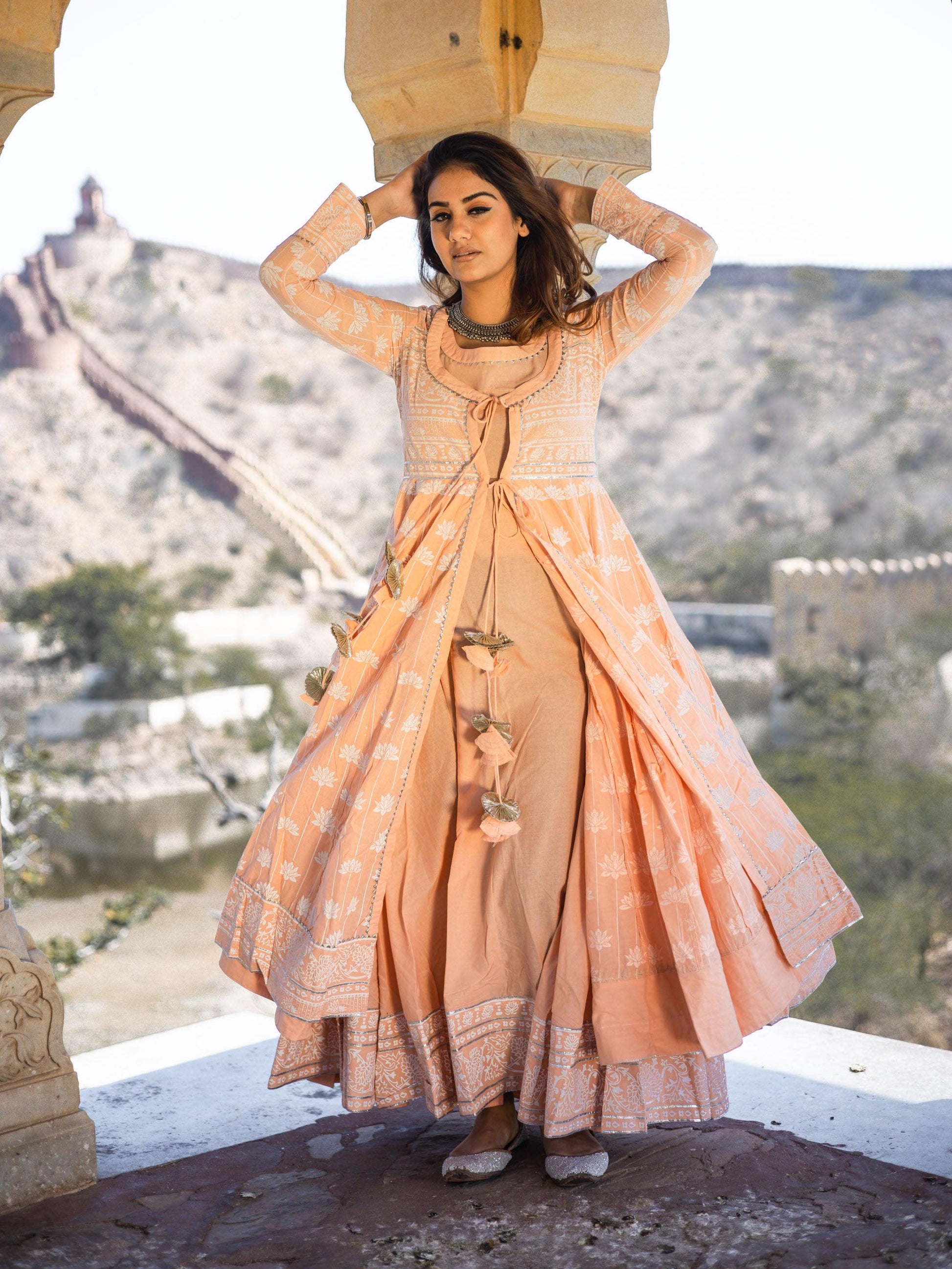 Divena Peach Double Layered Cotton Flared Kurta with Jacket - divenaworld.com