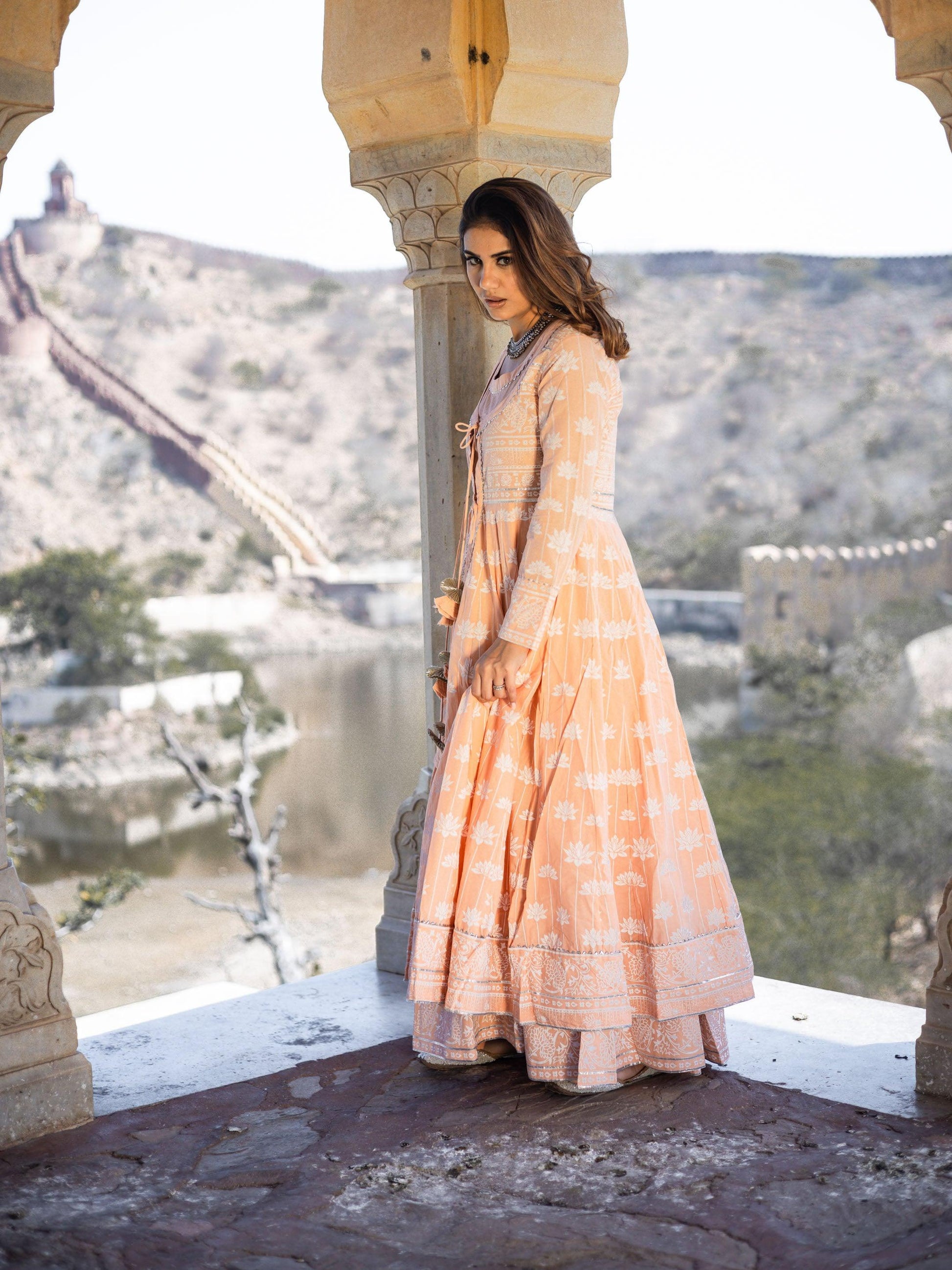 Divena Peach Double Layered Cotton Flared Kurta with Jacket - divenaworld.com