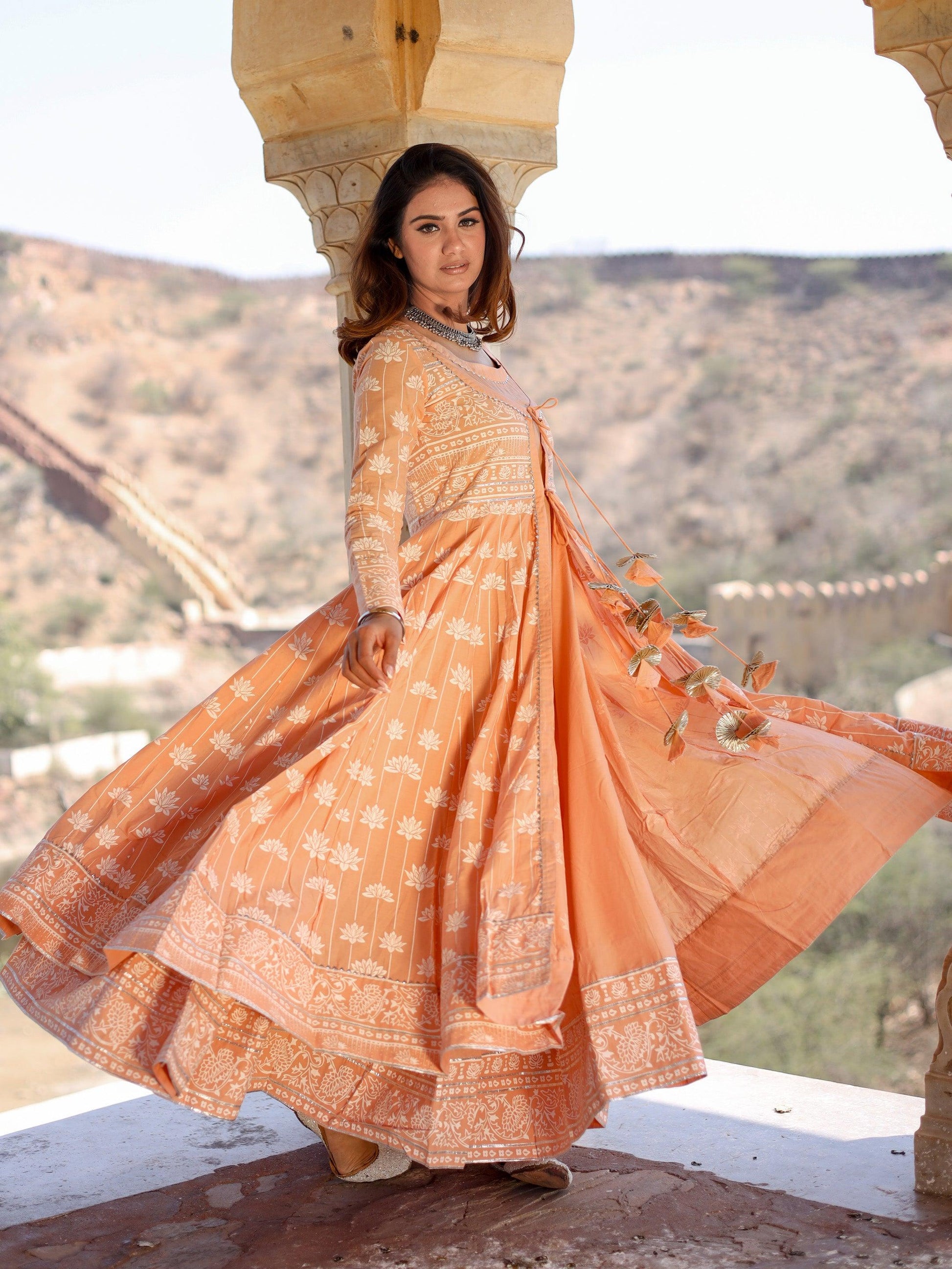 Divena Peach Double Layered Cotton Flared Kurta with Jacket - divenaworld.com