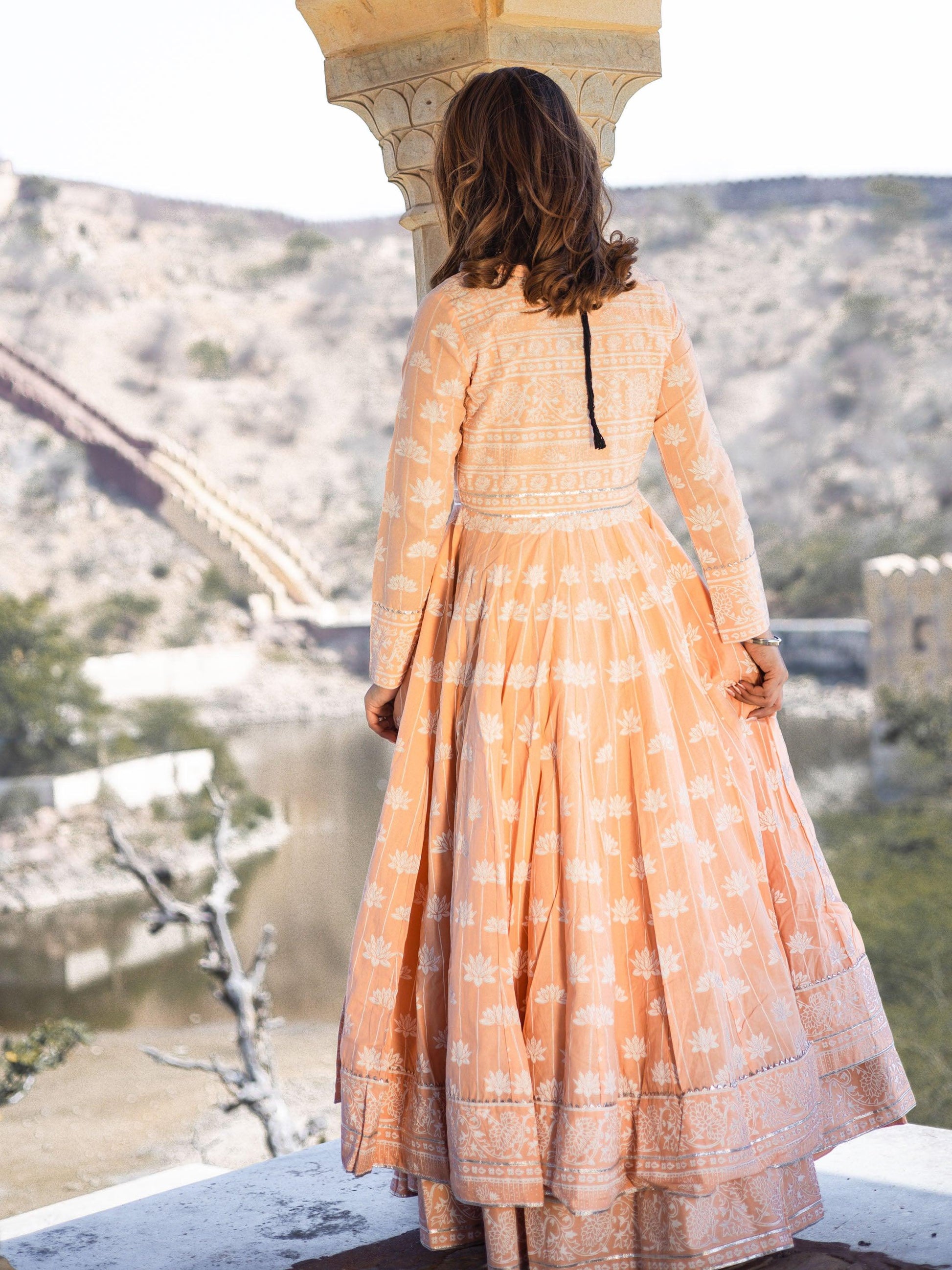 Divena Peach Double Layered Cotton Flared Kurta with Jacket - divenaworld.com