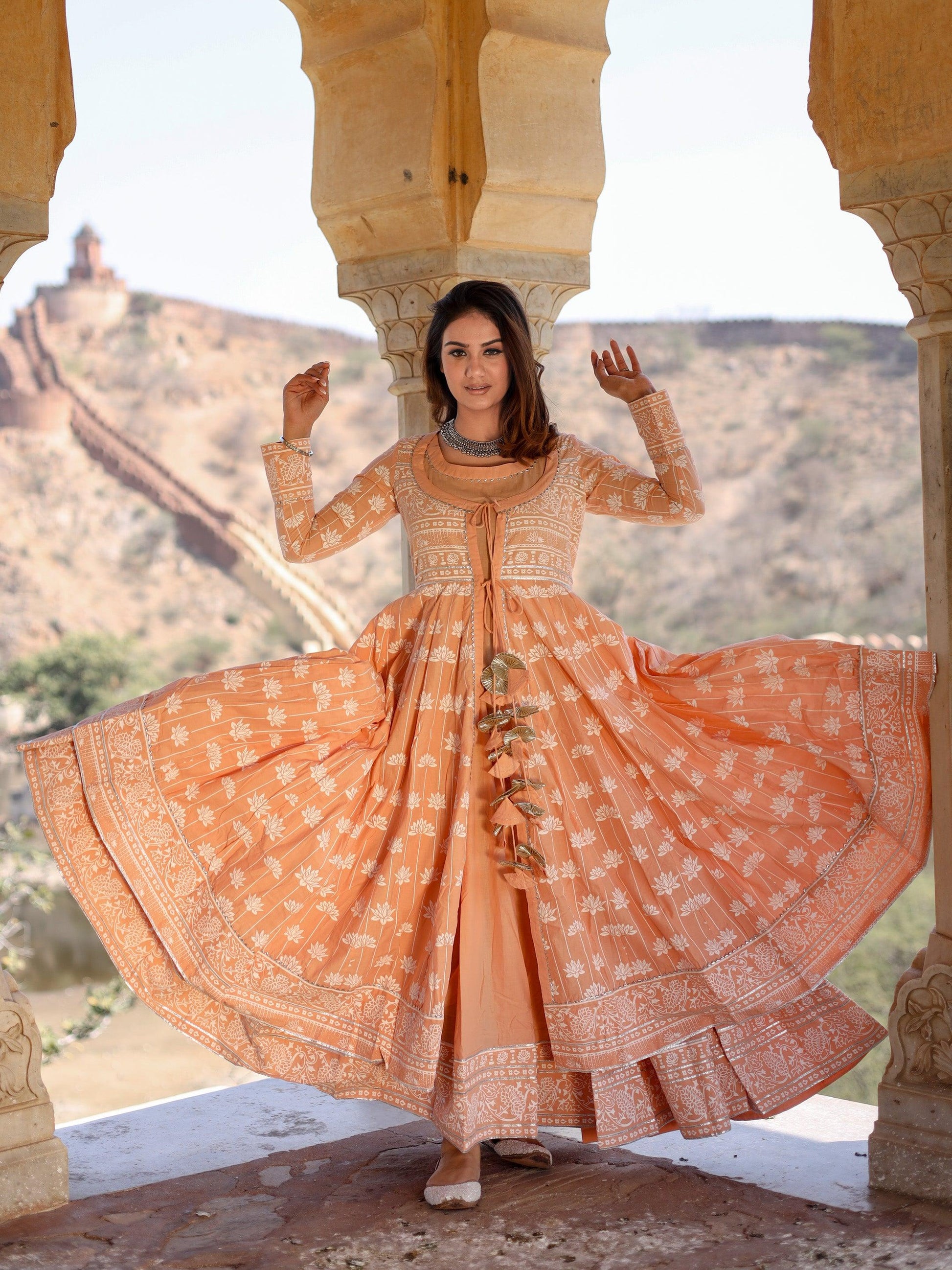 Divena Peach Double Layered Cotton Flared Kurta with Jacket - divenaworld.com