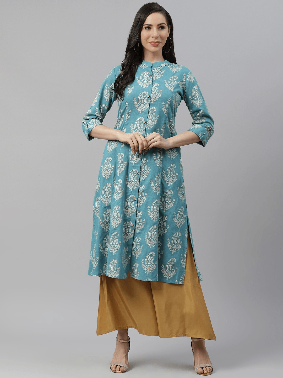 Divena Sky Blue Cotton Printed Kurta - divena world