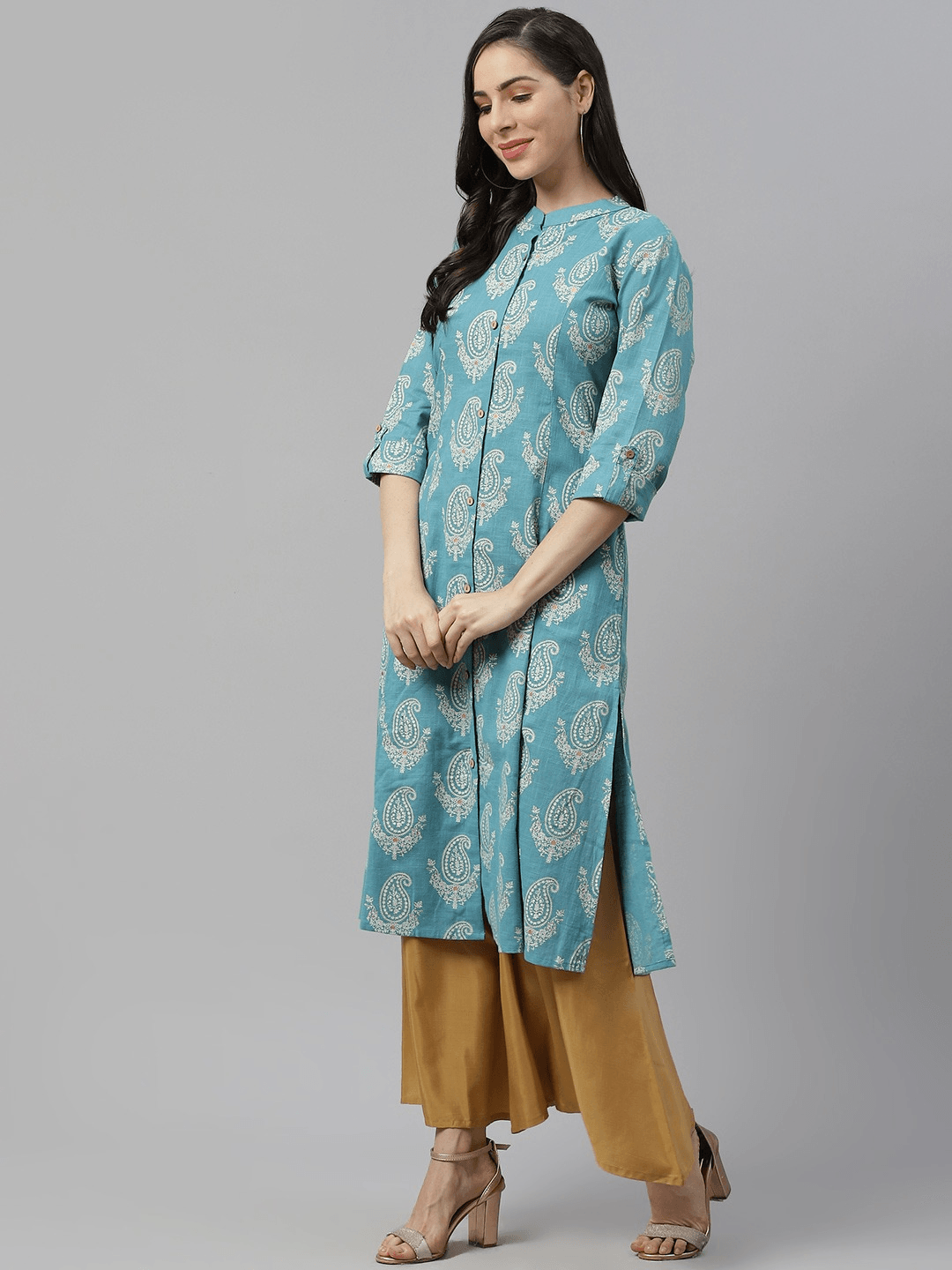 Divena Sky Blue Cotton Printed Kurta - divena world