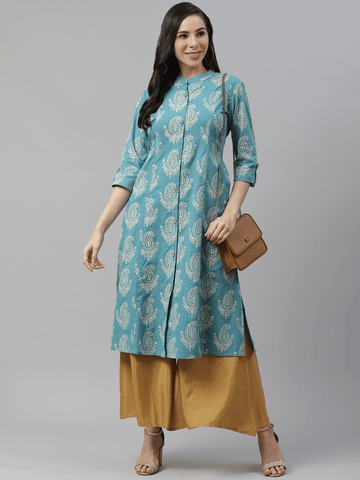 Divena Sky Blue Cotton Printed Kurta - divena world