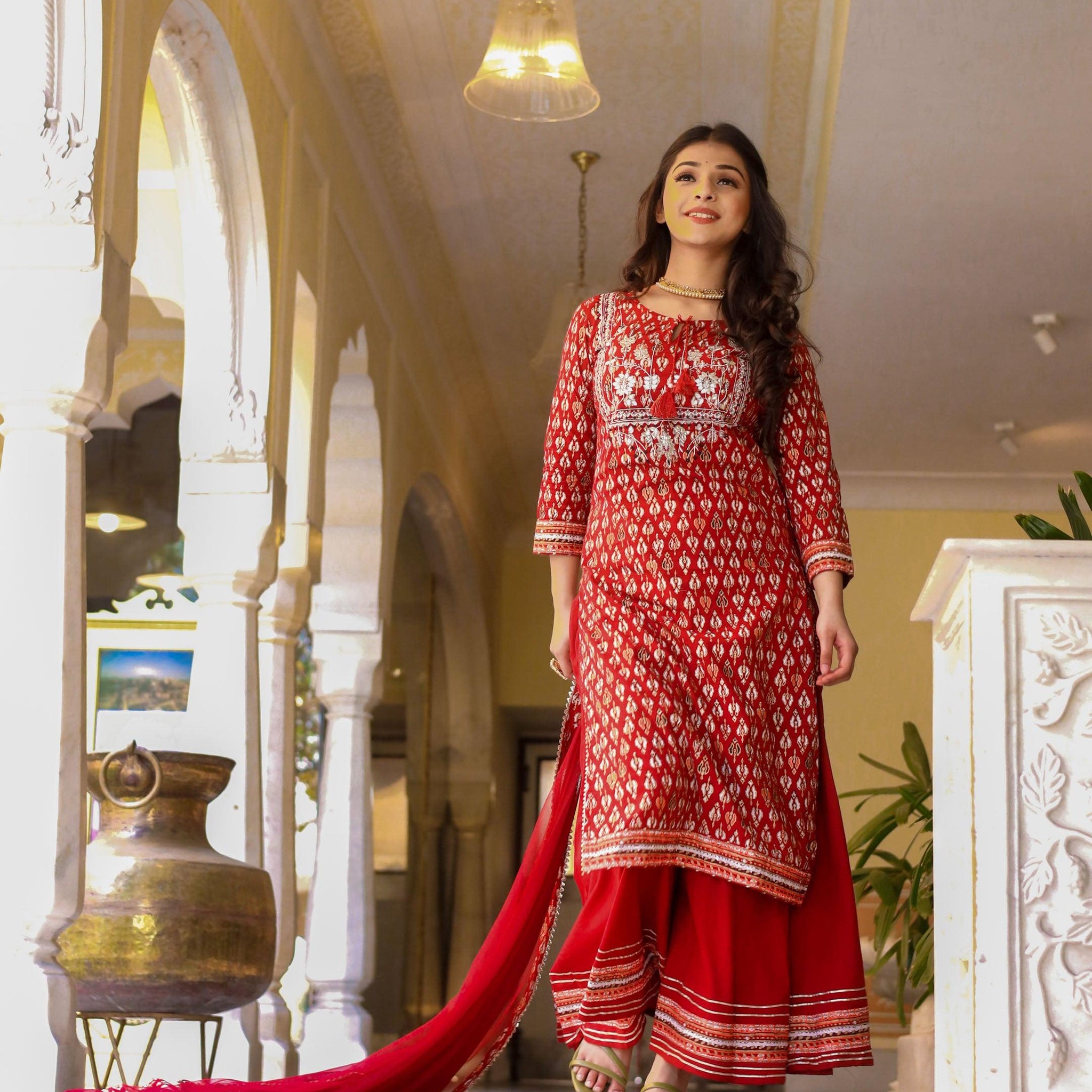 Divena maroon Cotton Kurta palazzo set with net dupatta - divenaworld.com
