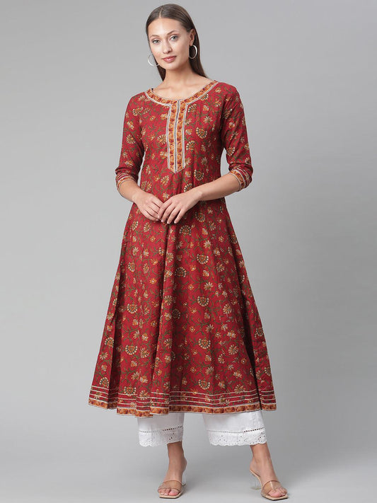 Divena Red Flaired Cotton Anarkali Kurta