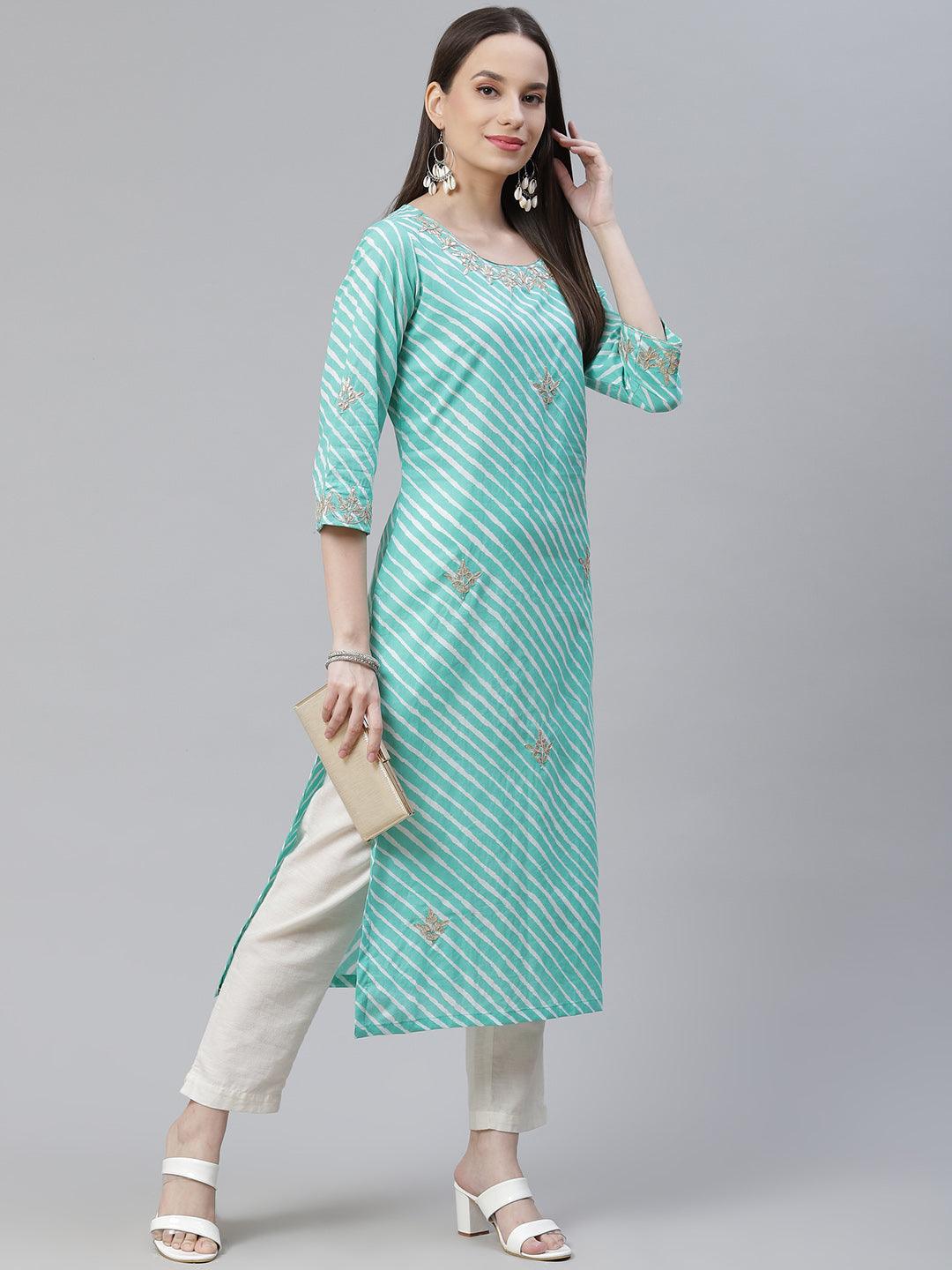 Divena Green Leheriya Cotton Gota Patti Straight Kurta - divena world