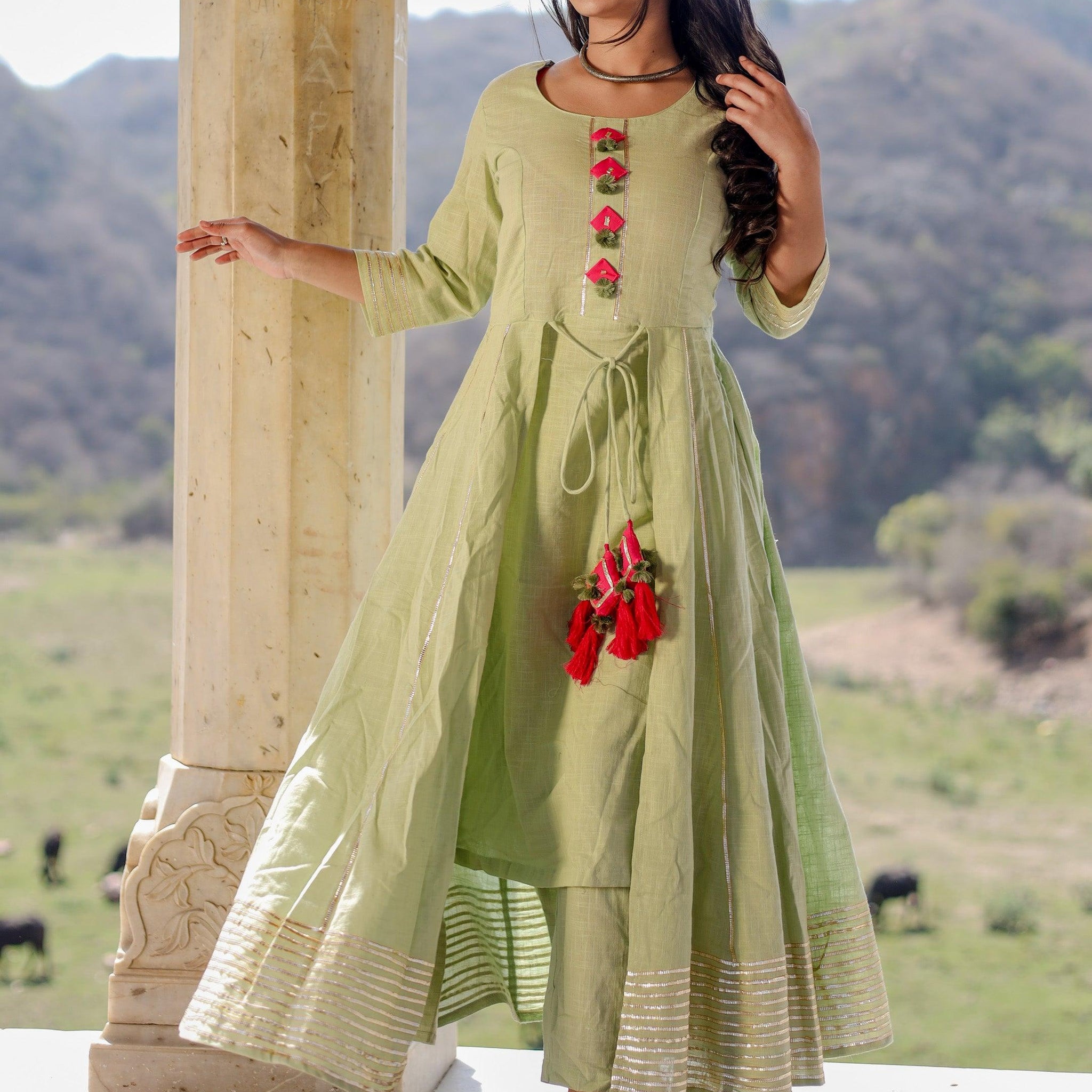 Divena Pastel Green Flaired Cotton kurta with pants - divenaworld.com