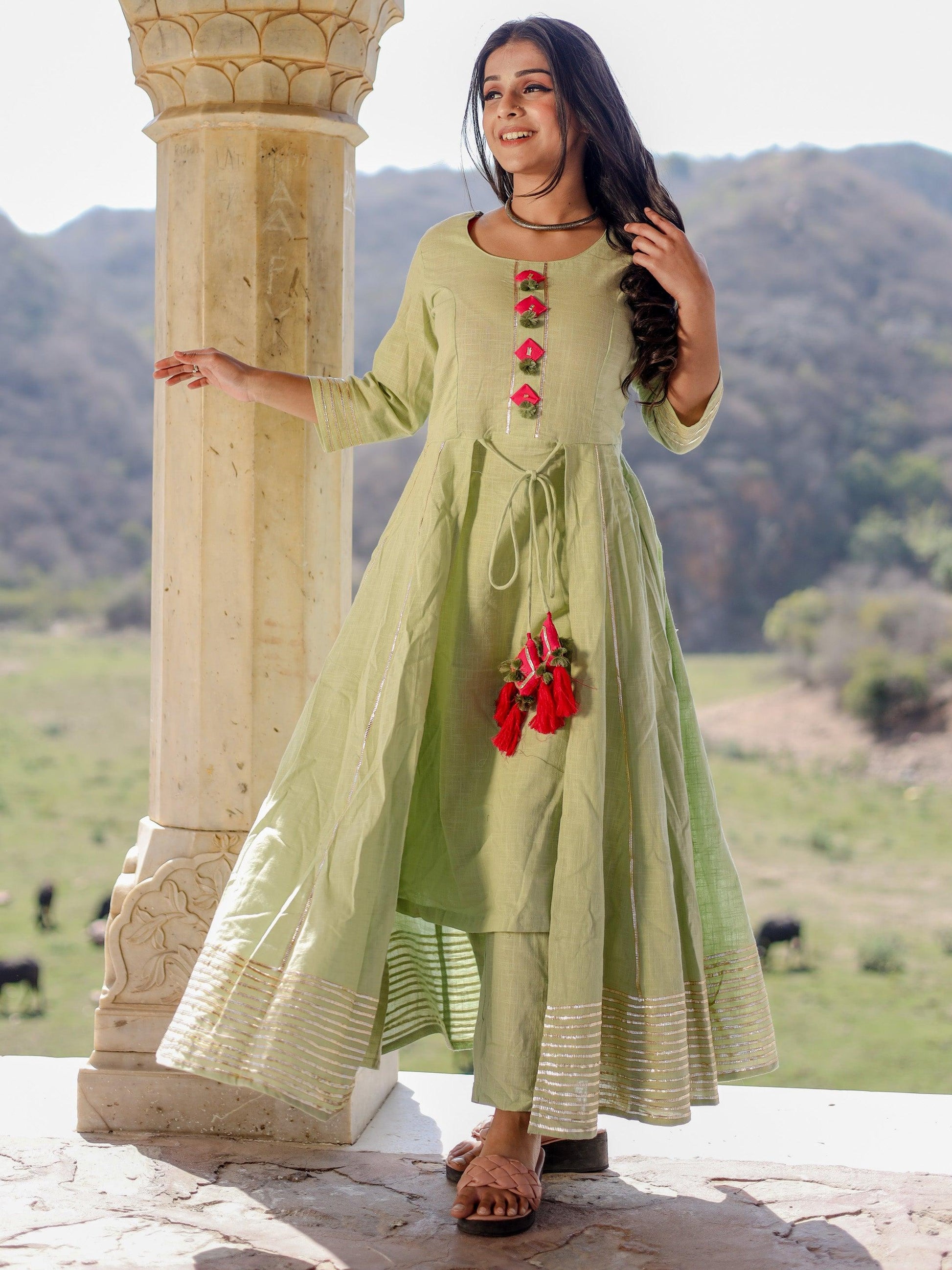 Divena Pastel Green Flaired Cotton kurta with pants - divenaworld.com