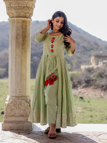 Divena Pastel Green Flaired Cotton kurta with pants