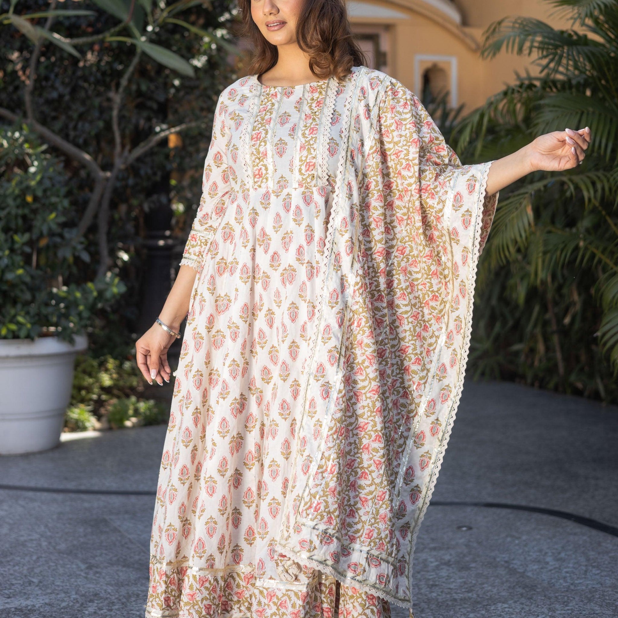 Divena Cream Floral Anarkali Cotton Kurta Palazzo set with Dupatta - divenaworld.com