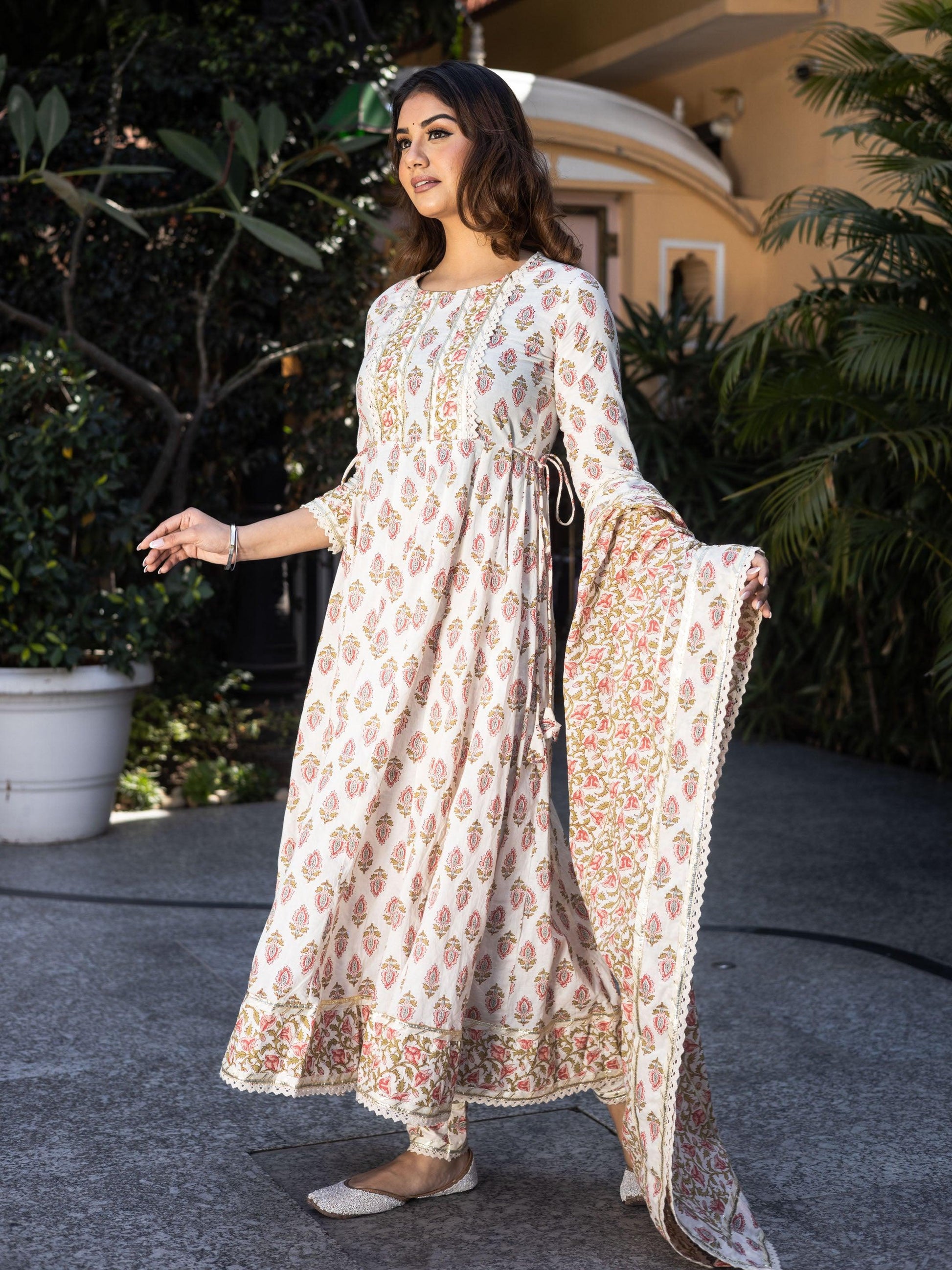 Divena Cream Floral Anarkali Cotton Kurta Palazzo set with Dupatta - divenaworld.com