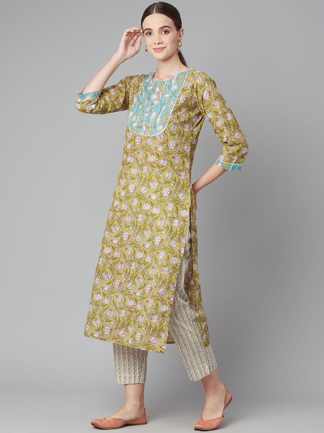 Divena Pastel green Floral Printed Cotton kurta Pant Set - divena world